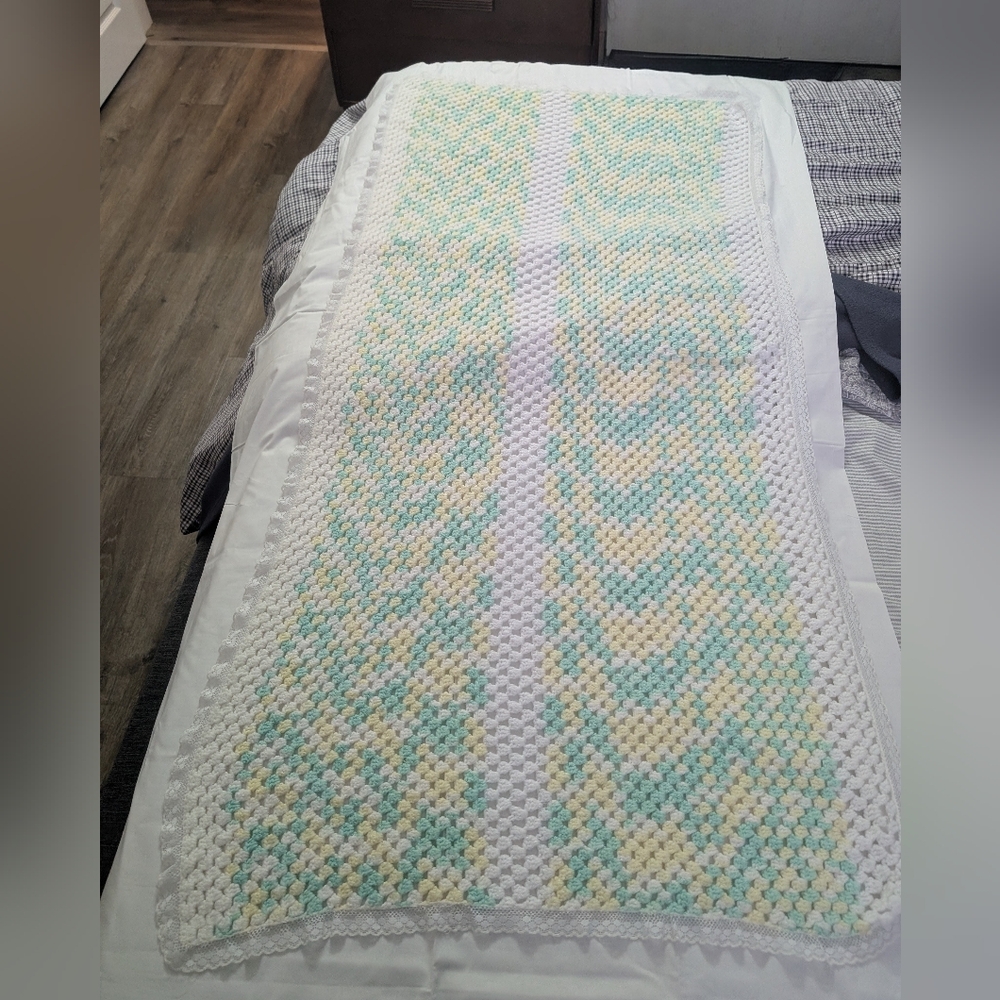 Shawl Baby Blanket Handmade Crocheted Green, Yellow & White Throw Blanket